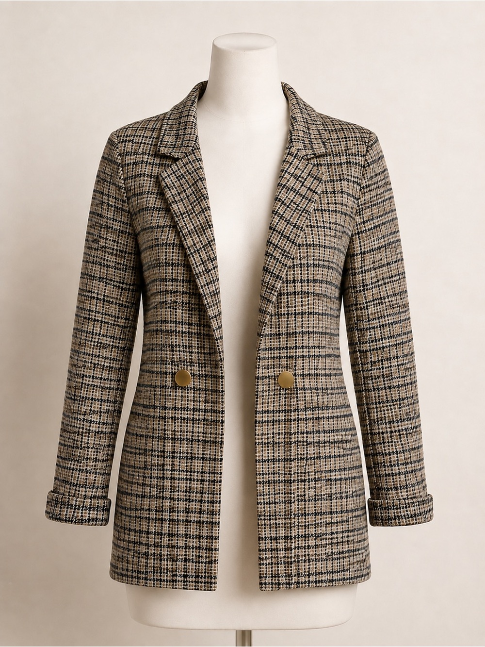 WearEver Plaid Knit Blazer Gold Button Open Front Jacket Medium